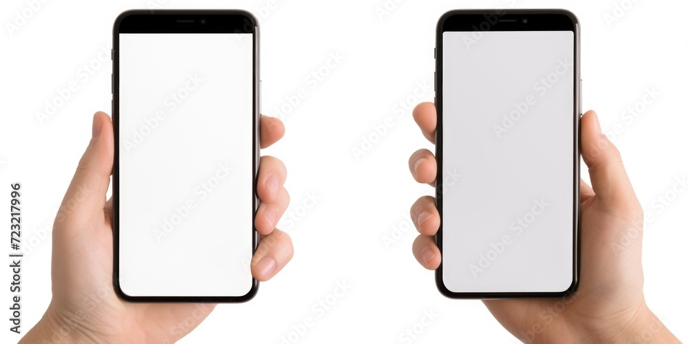 Poster two hands holding a black and white phone. perfect for showcasing mobile technology and communicatio