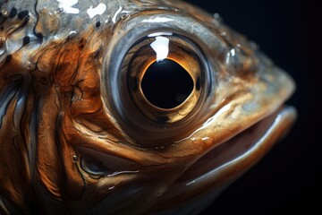 Close-up photo of a fish's eye against a black background. Can be used to depict aquatic life, marine biology, or the beauty of nature