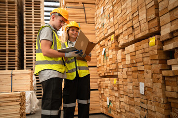 Caucasian team businessman and woman use notebook computer working with stock timber background at wood factory	