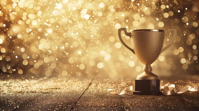 Golden championship cup with magical background, confetti, and ribbon decoration