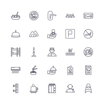 editable outline icons set. thin line icons from hotel and restaurant collection. linear icons such as takoyaki, breakfast, restaurant tray, cookbook, elevator, single bed