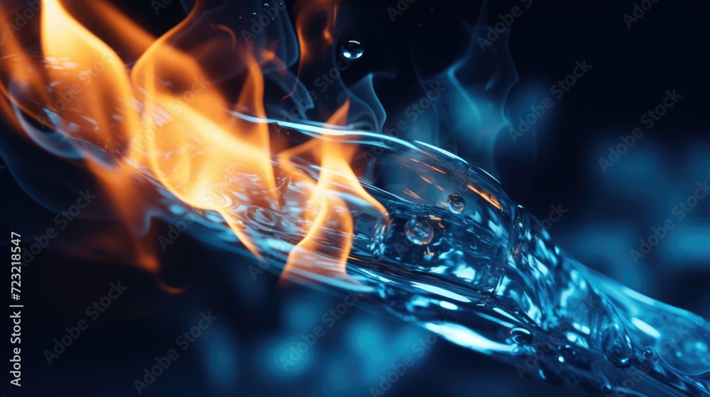 Poster A close-up image of a glass of water with a mesmerizing flame burning on top. Perfect for illustrating the concept of fire and water or creating a dramatic visual effect.