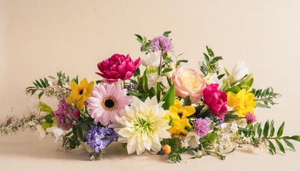 creative arrangement with various spring flowers against pastel beige background minimal nature concept