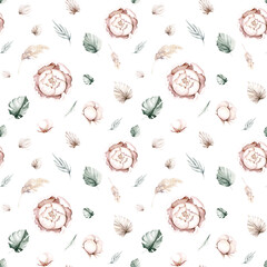 Seamless watercolor floral pattern pink blush flowers elements, green leaves branches on white backgroundfor wrappers, wallpapers, greeting cards, wedding invites - 723218703