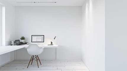 Minimal home office white. Work space in home. Work from home. Modern room design