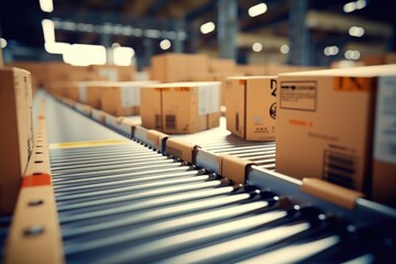 Boxes on a conveyor belt in a warehouse. Suitable for logistics, manufacturing, and storage concepts