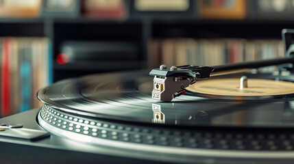 A close-up of a turntable with a classic jazz vinyl record playing and a collection of albums in the background. - obrazy, fototapety, plakaty