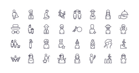 editable outline icons set. thin line icons from people collection. linear icons such as cape, julus, serve, shepherd, foreign reporter, bedouin