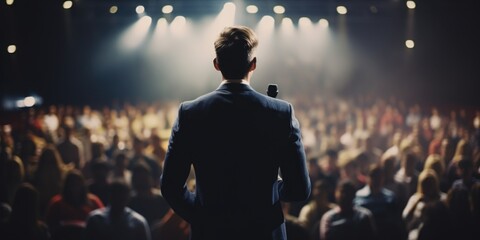A professional man wearing a suit stands confidently in front of a large crowd. This image can be used to depict leadership, public speaking, or corporate events