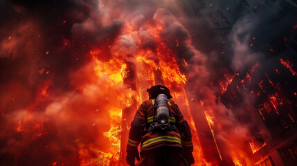 A powerful image of a fireman screaming amidst a catastrophic fire, his expression one of overwhelming distress and fury, set against a collapsing building ablaze. Focus on the tragedy and heroism. .