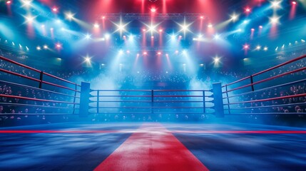 Empty professional boxing ring in arena, spacious venue for boxing matches and events