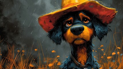 Dog in a Stetson, A Sad Dog with an Orange Hat, The Blue and Yellow Dog, A Dog Wearing a Cowboy Hat. - obrazy, fototapety, plakaty