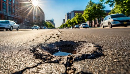 a pothole on an asphalt road illuminated by sunlight showcasing the need for repair in the downtown area