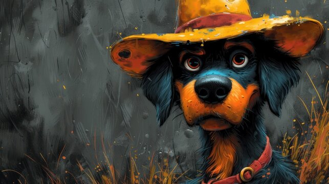 Doggy Dressed Up, A Painted Dog in a Hat, The Art of the Canine Fashion, Portrait of a Blue and Orange Dog with a Yellow Hat.