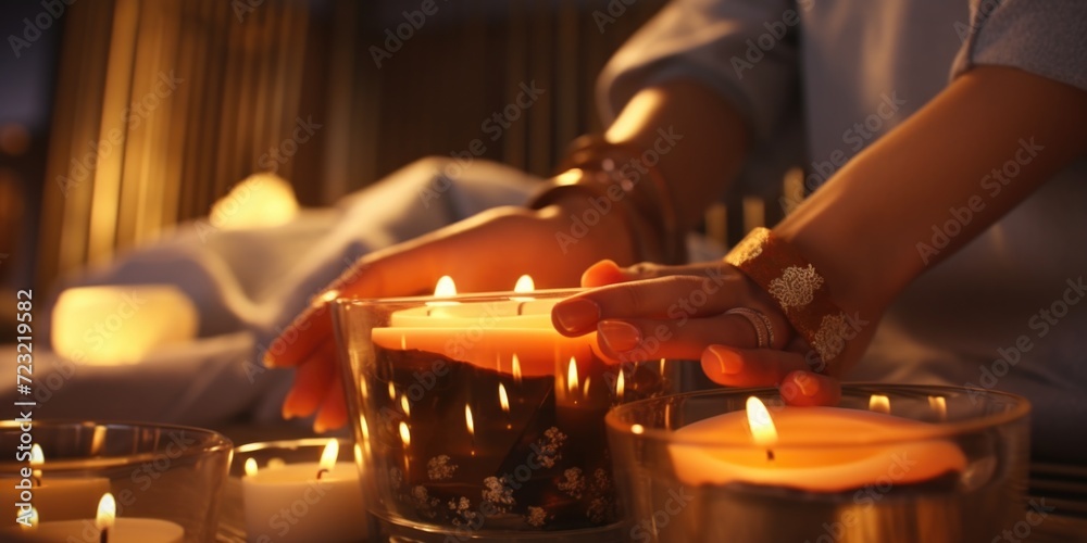 Poster a close-up shot of a person lighting candles. perfect for adding a warm and cozy ambiance to any set