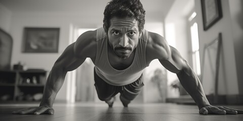 A man performing push ups on the floor. Ideal for fitness and exercise concepts - obrazy, fototapety, plakaty