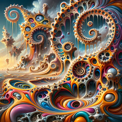 A surrealistic artwork combining the concept of fractals with Salvador Dali's style, resulting in a melting fractal landscape. 