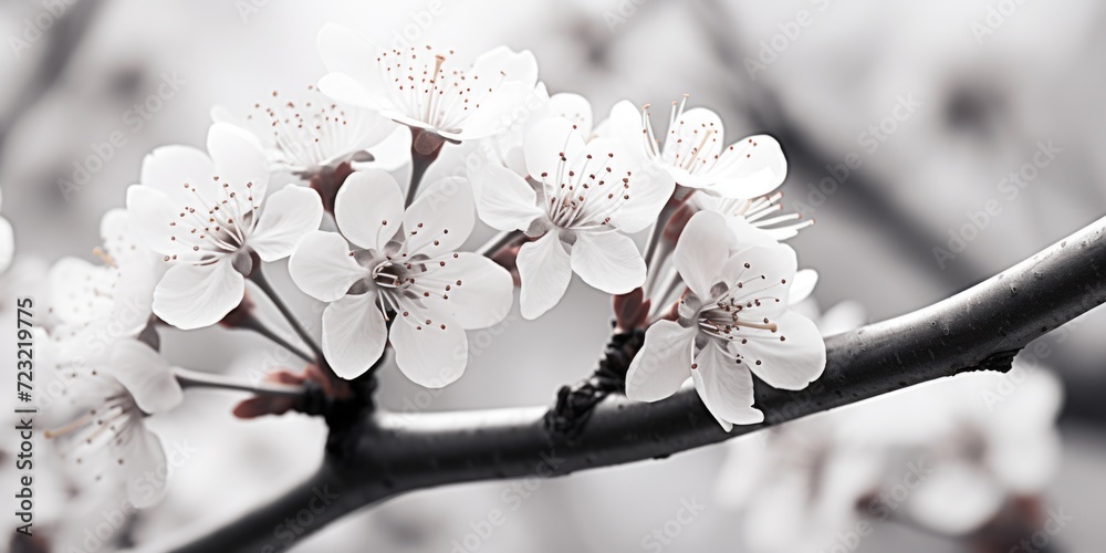 Poster A close-up view of a branch with delicate white flowers. Perfect for adding a touch of nature to any project