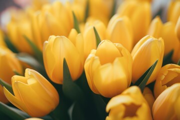Obraz premium A beautiful arrangement of yellow tulips in a vase. Perfect for adding a pop of color to any space