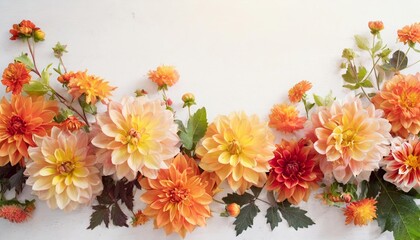 delicate blossoming dahlias and orange flowers blooming festive fall frame background autumn bouquet floral card selective focus toned - Powered by Adobe