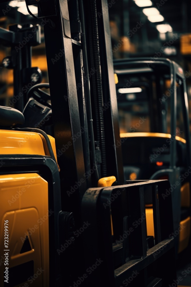 Poster a row of yellow forklifts in a warehouse. perfect for illustrating warehouse operations and logistic