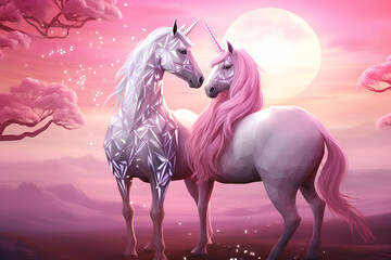 fantasy horse in the field at sunset, pink valentines day background