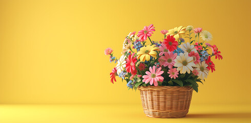 colorful blooming flowers in a basket on a yellow bac