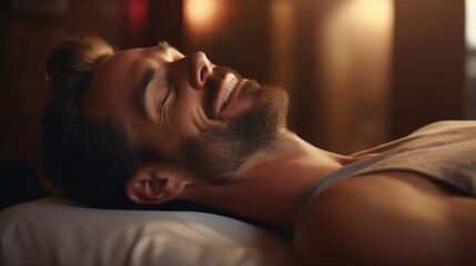 A man peacefully laying on a bed with his eyes closed. Can be used to represent relaxation, sleep, or restful moments
