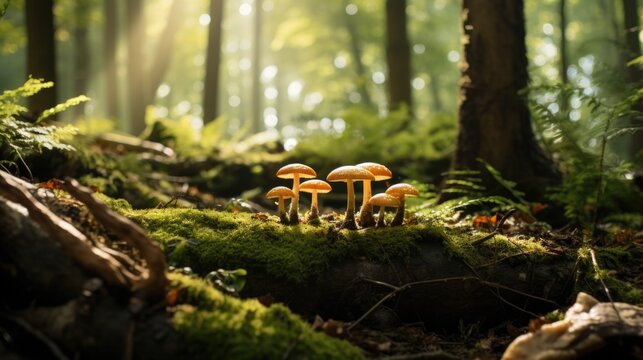A group of mushrooms sitting on top of a moss-covered forest floor. This image can be used to depict nature, forest ecology, or the beauty of mushrooms in their natural habitat