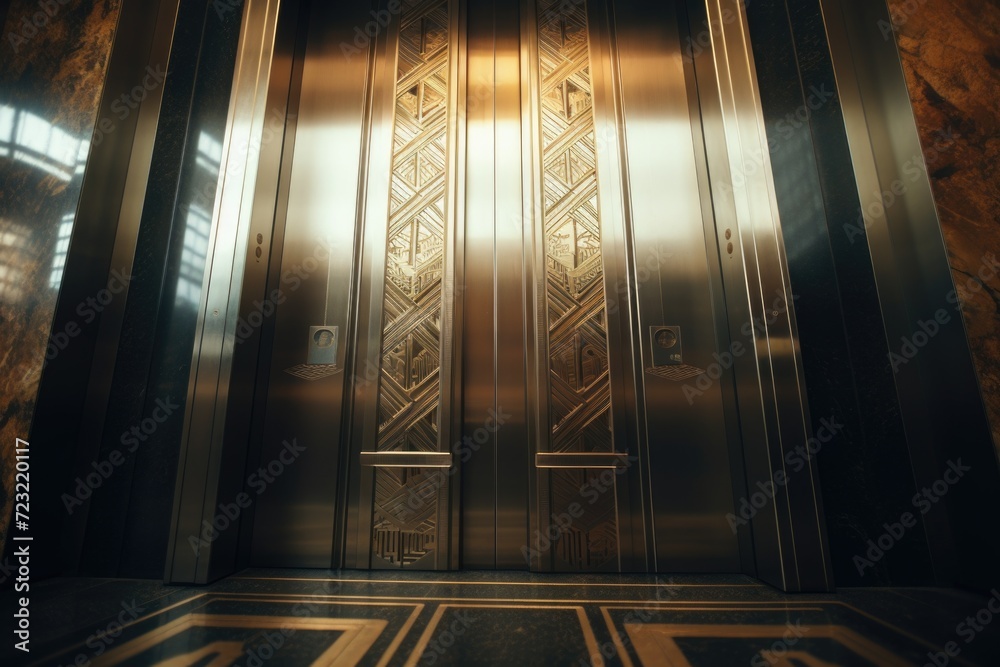Poster elevator with a shiny metal door in a building. perfect for illustrating modern architecture and urb