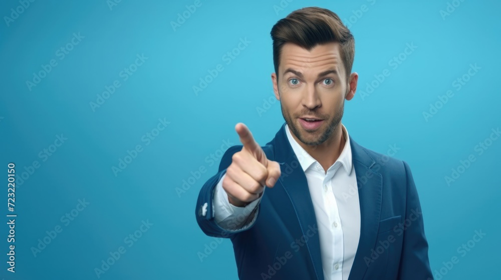 Poster a man in a blue suit is pointing directly at the camera. this image can be used to convey confidence