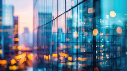 Blurred lights create a bokeh effect on the facade of modern skyscrapers in a cityscape.