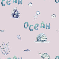 Watercolor seamless pattern with underwater world Bright fish, whale, shark dolphin starfish animals. Jellyfish seashells. Sea and ocean fish life background - 723220143