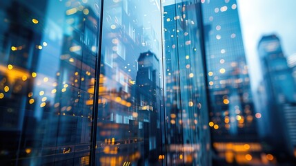 Blurred lights create a bokeh effect on the facade of modern skyscrapers in a cityscape.