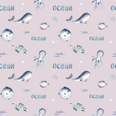 Watercolor seamless pattern with underwater world Bright fish, whale, shark dolphin starfish animals. Jellyfish seashells. Sea and ocean fish life background - 723220164