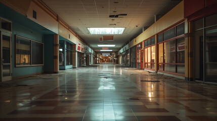 An abandoned mall corridor with closed shops and no visitors.