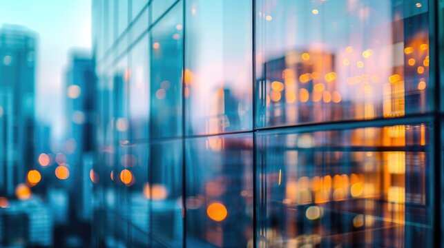 Blurred lights create a bokeh effect on the facade of modern skyscrapers in a cityscape.