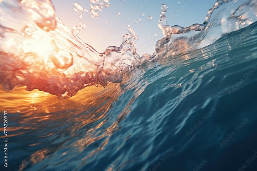Poster a detailed view of a wave in the ocean. this image can be used to illustrate the power and beauty of