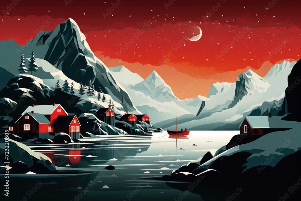 Poster a serene painting depicting a mountain scene with a boat gently floating in the water. perfect for n