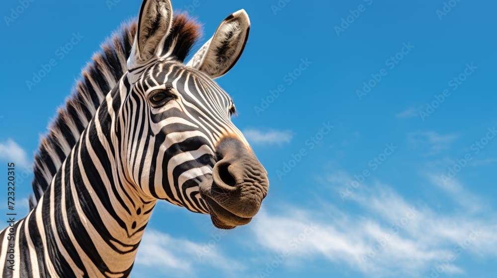 Poster a close up view of a zebra's face with its distinct black and white stripes, set against a vibrant b
