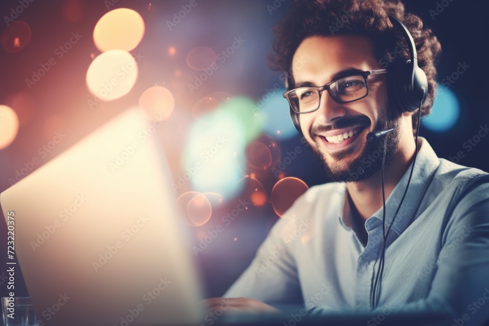 Aufkleber A man is using a laptop while wearing a headset. This image can be used to represent technology, communication, remote work, or online meetings