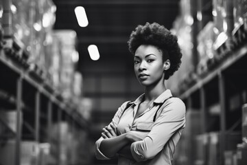 A woman confidently stands in a warehouse, her arms crossed. This image can be used to convey strength, determination, and professionalism. Ideal for business, leadership, and empowerment themes