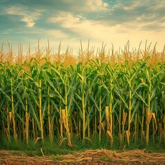 Corn field, with mature corn, ready for harvest. The concept of a rich harvest, agriculture. AI generated illustration