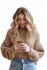 Radiant Smile and Cozy Style: Young Woman Engrossed in Her Smartphone