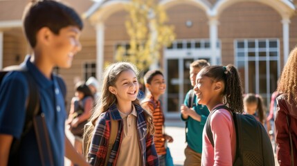 Joyful school children with backpacks walking outside on a sunny day, smiling and looking forward.