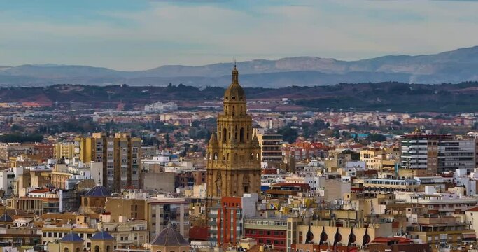 Establishing shot of centre of european center city Murcia, Spain. Spanish tourist city not far from the sea. City streets of the Spanish tourist city of Murcia