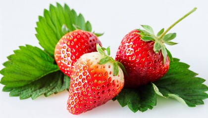 strawberries isolated nthree strawberry berries with leaf isolate three strawberries on white background top view full depth of field