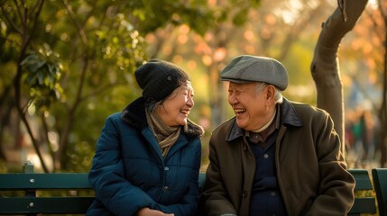Fototapeta premium Elderly Asian couple shares a fun time laughing together on a park bench surrounded by autumn leaves.