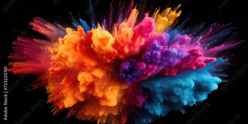 Poster Vibrant explosion of colored powder on a dark black background. Perfect for adding a pop of color and excitement to any project or design