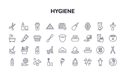 editable outline icons set. thin line icons from hygiene collection. linear icons such as nail scissors, lip balm, chlorine, dolled up, bubbles, microbes - obrazy, fototapety, plakaty